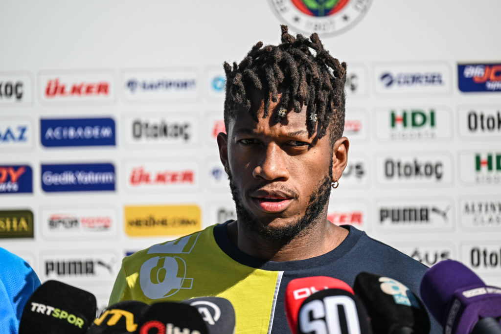 Fred of Fenerbahce makes a statement with the press members at Samandira Can Bartu Facilities in Istanbul, Turkiye on August 28, 2023.