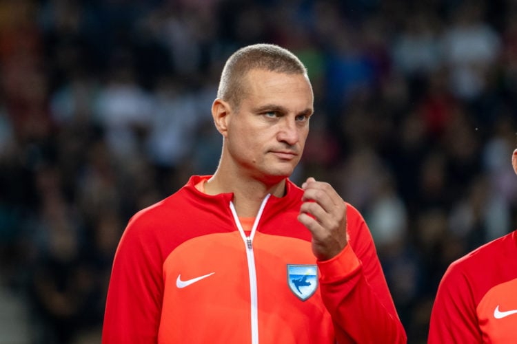 Nemanja Vidic of the red team is seen during the charity football match Football Stars for Flood Victims in Slovenia. Football stars came together ...