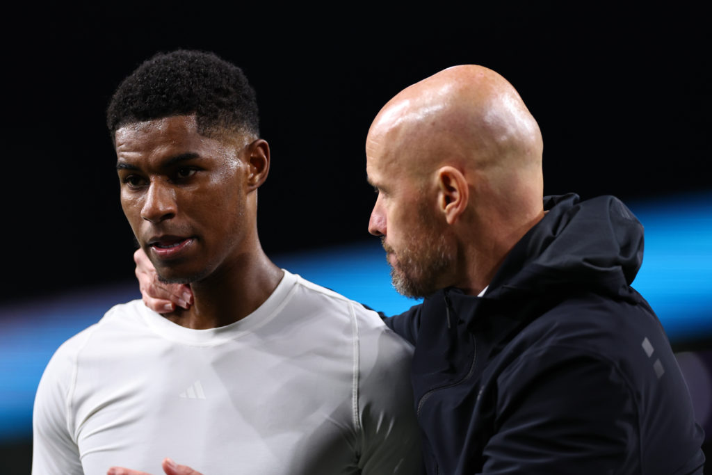 Marcus Rashford and Erik ten Hag the head coach / manager of Manchester United during the Premier League match between Burnley FC and Manchester Un...