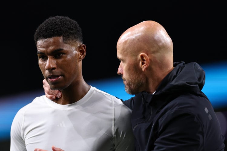 Marcus Rashford and Erik ten Hag the head coach / manager of Manchester United during the Premier League match between Burnley FC and Manchester Un...