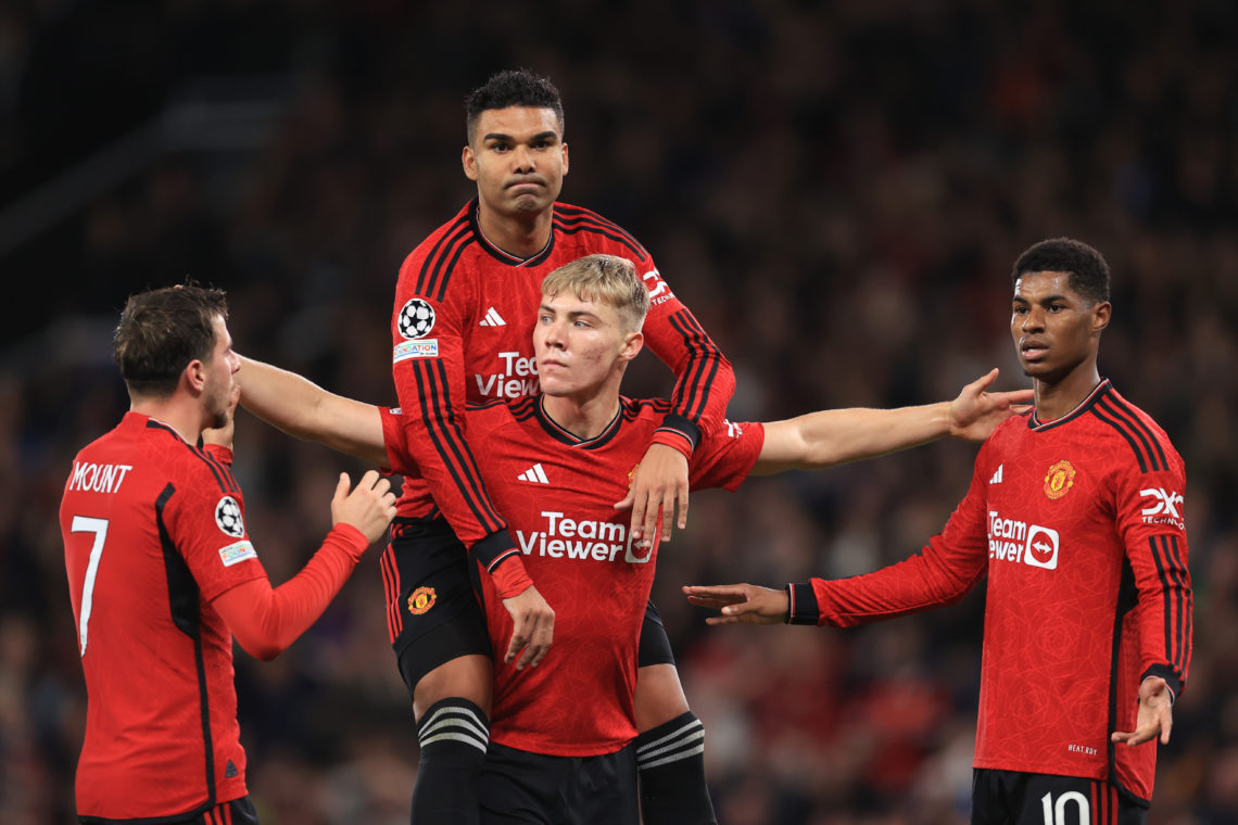 Rasmus Hojlund of Manchester United celebrates a goal which was later disallowed with Casemiro, Mason Mount and Marcus Rashford of Manchester Unite...