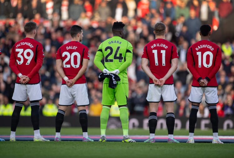 Manchester United players Scott McTominay, Diogo Dalot, Andre Onana, Rasmus Hojlund and Marcus Rashford observe a minutes silence for Remembrance D...