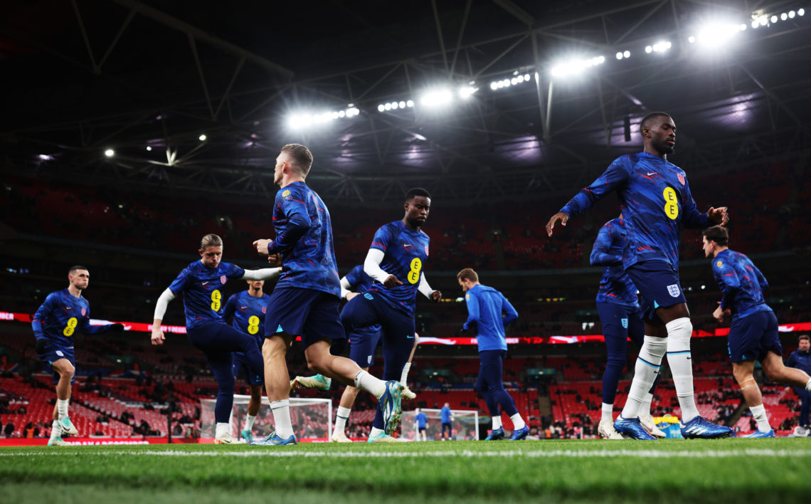 Marc Guehi and Fikayo Tomori of England warm up prior to the UEFA EURO 2024 European qualifier match between England and Malta at Wembley Stadium o...