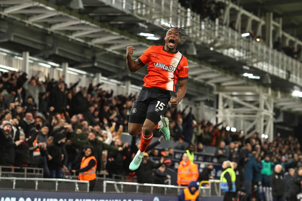 Teden Mengi of Luton Town celebrates scoring their 1st goal during the Premier League match between Luton Town and Crystal Palace at Kenilworth Roa...