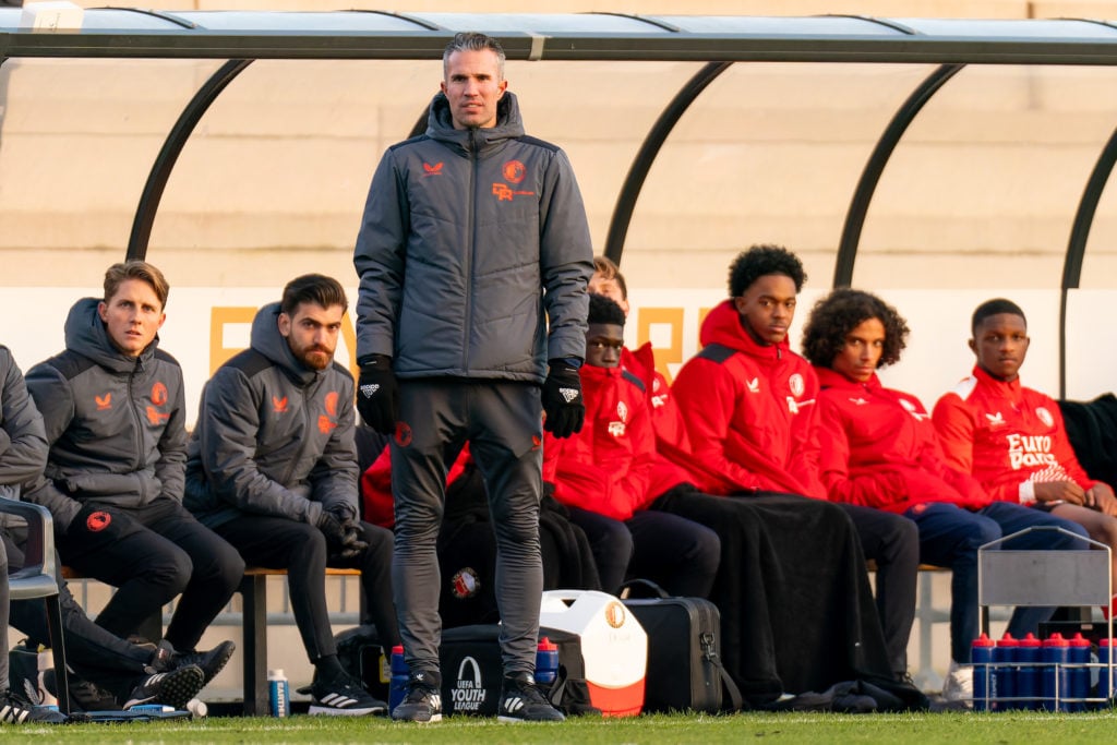 Coach Robin van Persie of Feyenoord looks on during the Group E - UEFA Youth League 2023/24 match between Feyenoord and Atletico Madrid at the Spor...