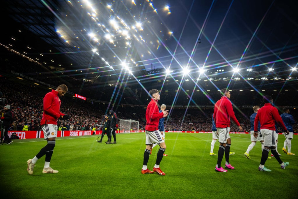 Kobbie Mainoo, Raphael Varane, Alejandro Garnacho and Marcus Rashford of Manchester United walk out ahead of the Premier League match between Manchester United and Tottenham