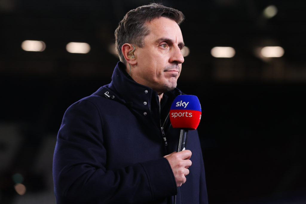 Sky Sports pundit Gary Neville prior to the Premier League match between West Ham United and Brentford FC at London Stadium on February 26, 2024 in...