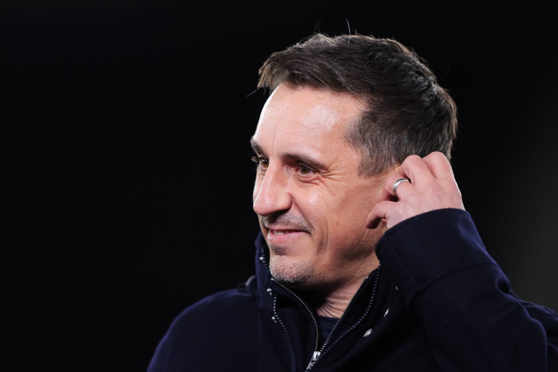 Sky Sports pundit Gary Neville reacts prior to the Premier League match between West Ham United and Brentford FC at London Stadium on February 26, ...
