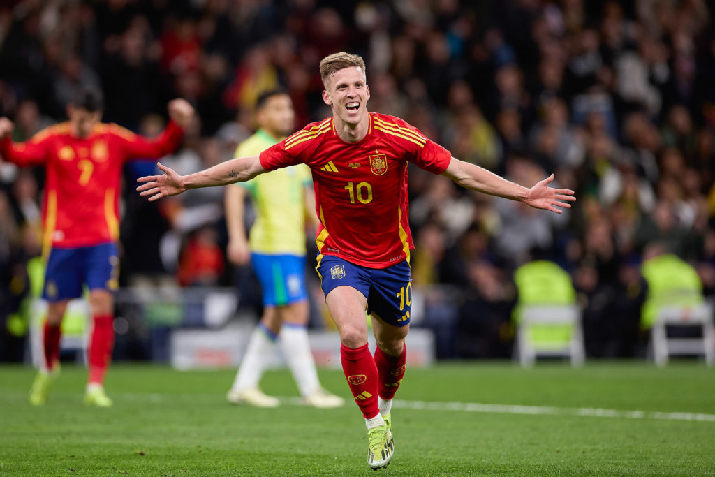 Dani Olmo of Spain celebrates a goal during the