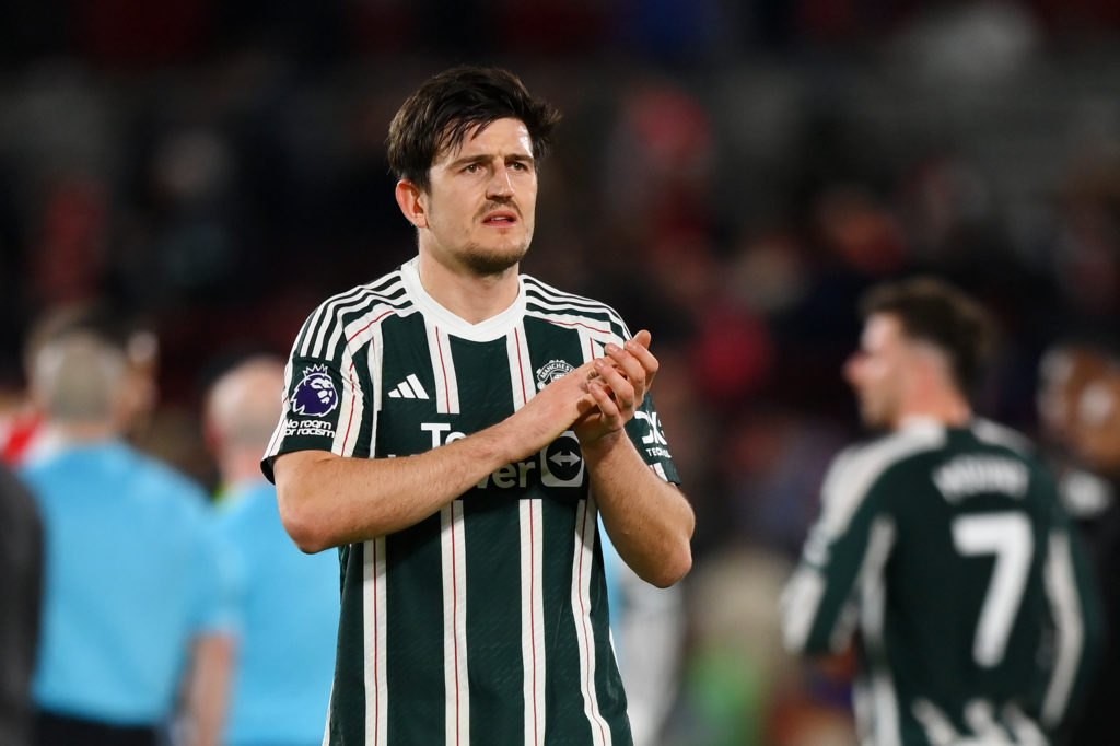 Harry Maguire of Manchester United applauds the fans after the Premier League match between Brentford FC and Manchester United at Gtech Community S...