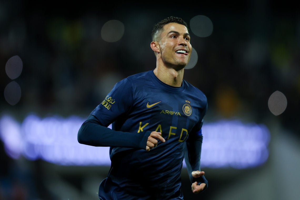 Cristiano Ronaldo of Al Nassr celebrates after scoring the 4th goal during the Saudi Pro League match between Abha Club and Al-Nassr at Prince Sult...
