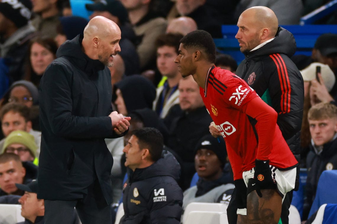 Marcus Rashford of Manchester United speaks with Erik ten Hag Manager/Head Coach of Manchester United as he prepares to come on as a substitute dur...