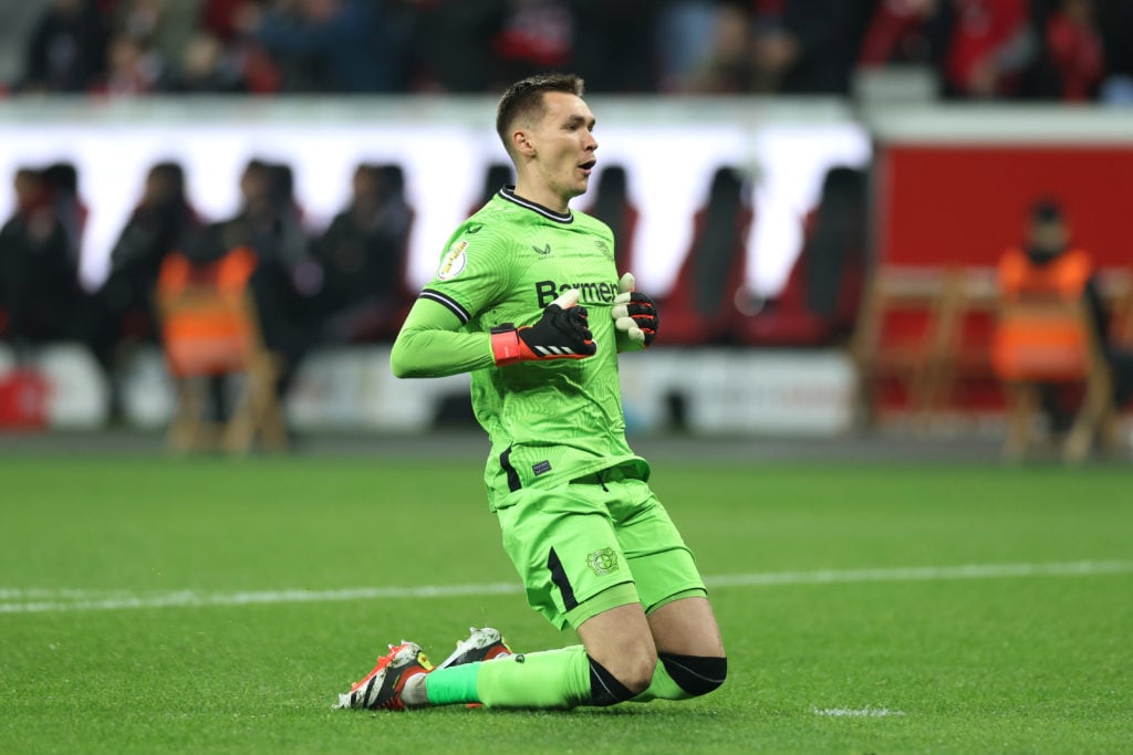 Matej Kovar of Bayer Leverkusen celebrates his team's first goal, scored by teammate Jeremie Frimpong (not pictured) during the DFB cup semifinal m...