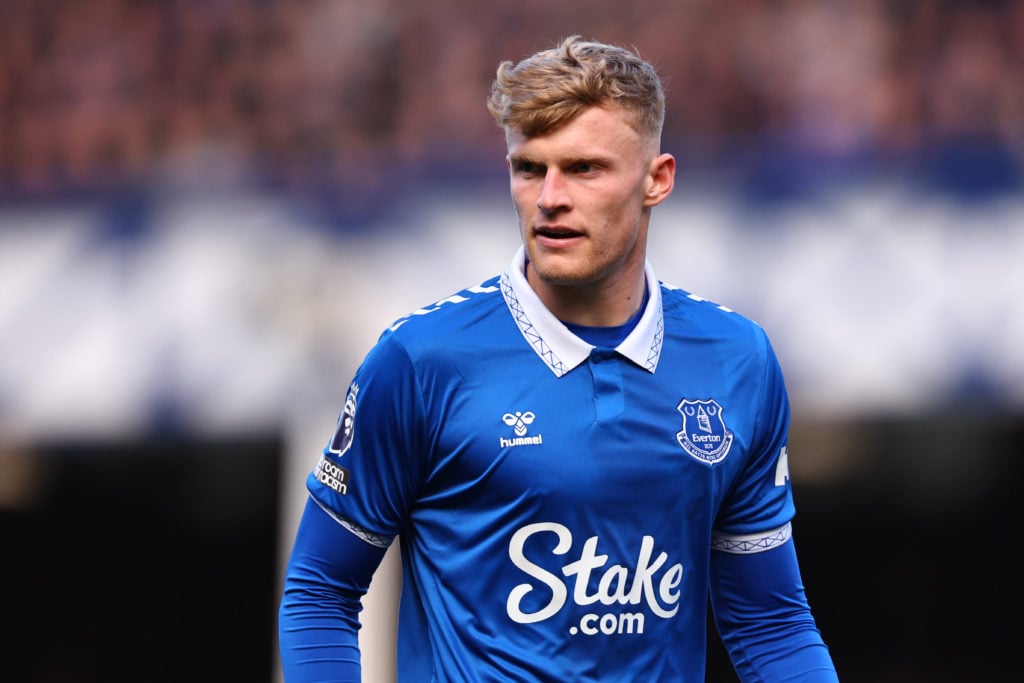 Jarrad Branthwaite of Everton during the Premier League match between Everton FC and Burnley FC at Goodison Park on April 6, 2024 in Liverpool, Eng...