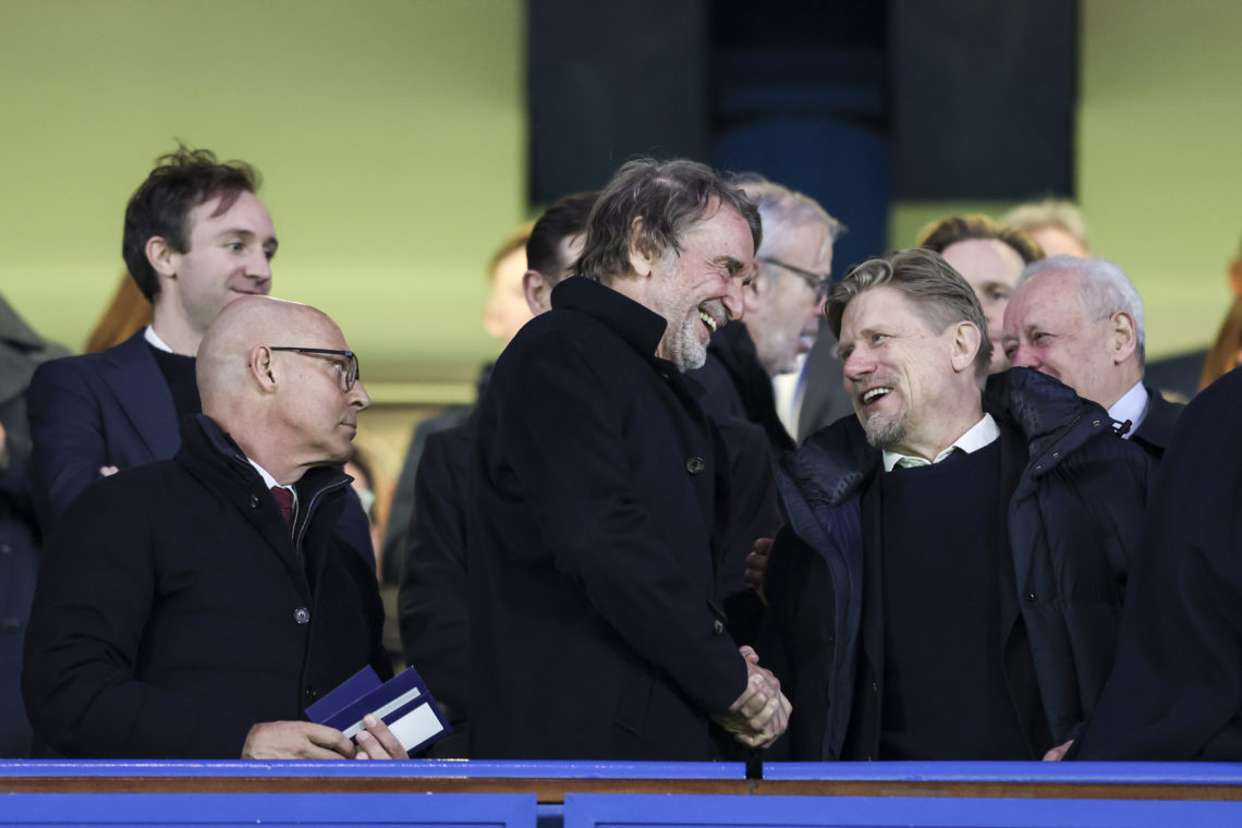 Sir Jim Ratcliffe, part owner of Man United with Sir Dave Brailsford and Peter Schmeichel during the Premier League match between Chelsea FC and Ma...