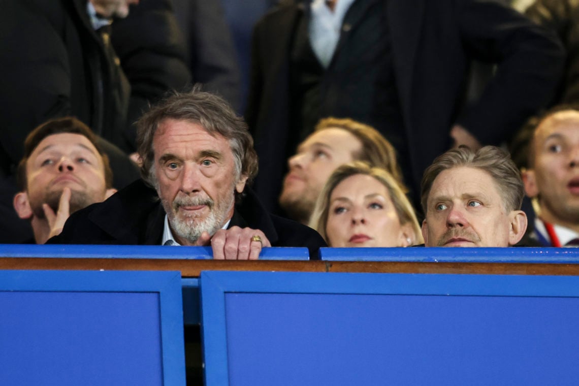 Sir Jim Ratcliffe, part owner of Man United with Peter Schmeichel after their sides 4-3 defeat during the Premier League match between Chelsea FC a...