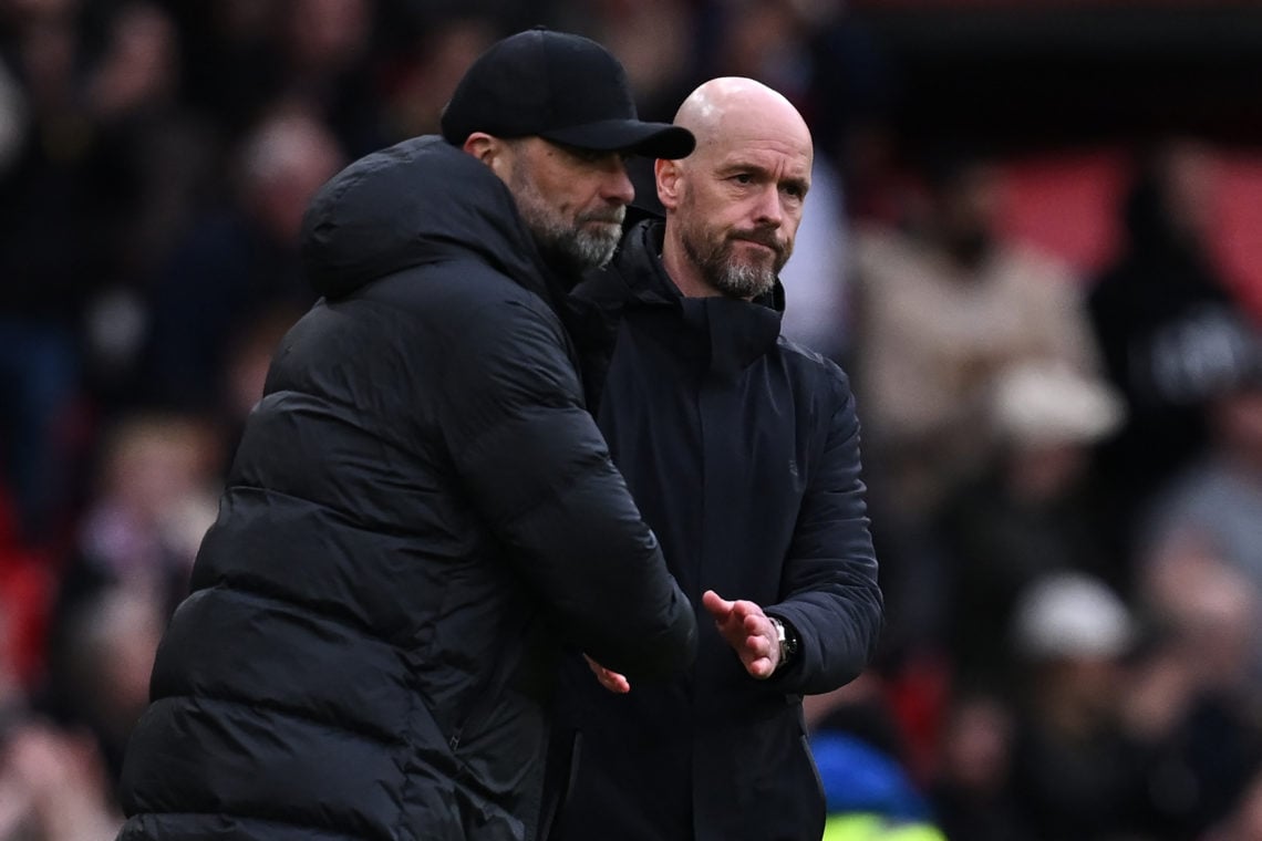Liverpool's German manager Jurgen Klopp (L) and Manchester United's Dutch manager Erik ten Hag (R) shake hands on the final whistle in the English ...