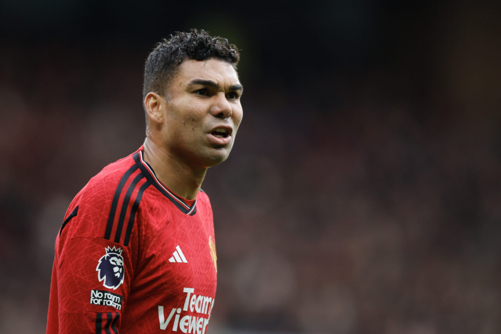 Casemiro of Manchester United during the Premier League match between Manchester United and Liverpool FC at Old Trafford on April 7, 2024 in Manche...