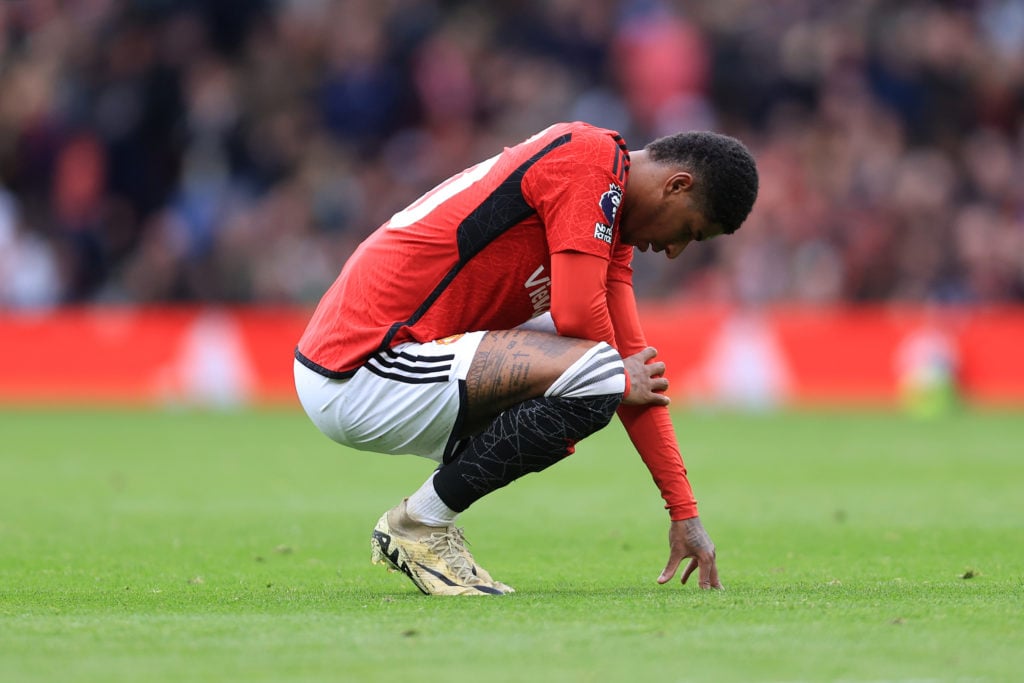Marcus Rashford of Manchester United looks dejected during the Premier League match between Manchester United and Liverpool FC at Old Trafford on A...