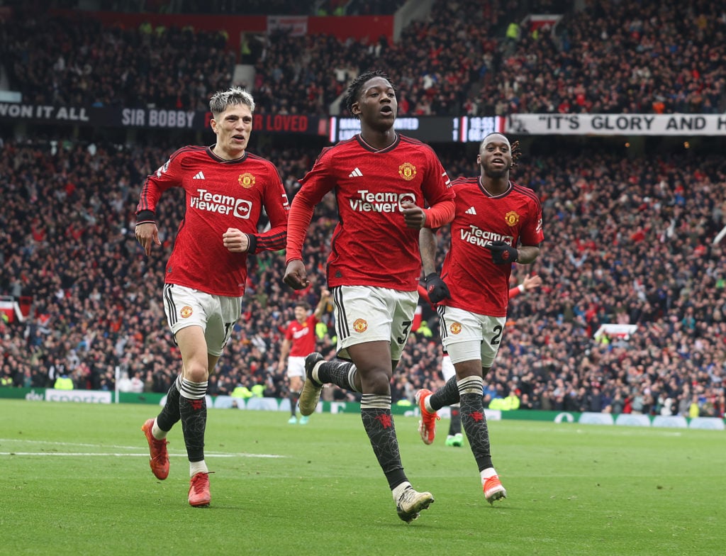 Kobbie Mainoo of Manchester United celebrates scoring their second goal during the Premier League match between Manchester United and Liverpool FC ...