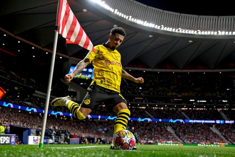 Jaden Sancho of Borussia Dortmund in action during the UEFA Champions League quarter-final first leg soccer match between Atletico Madrid and Borus...