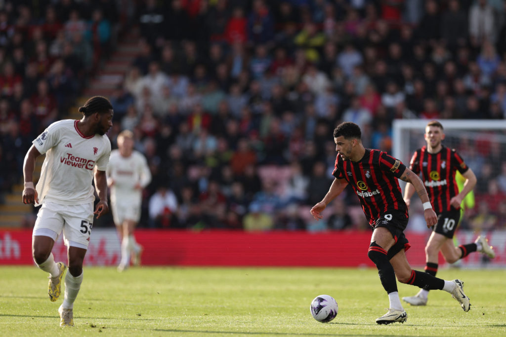 Bournemouth's English striker #09 Dominic Solanke (R) takes on Manchester United's Conoglese-born French defender #53 Willy Kambwala (L) during the...