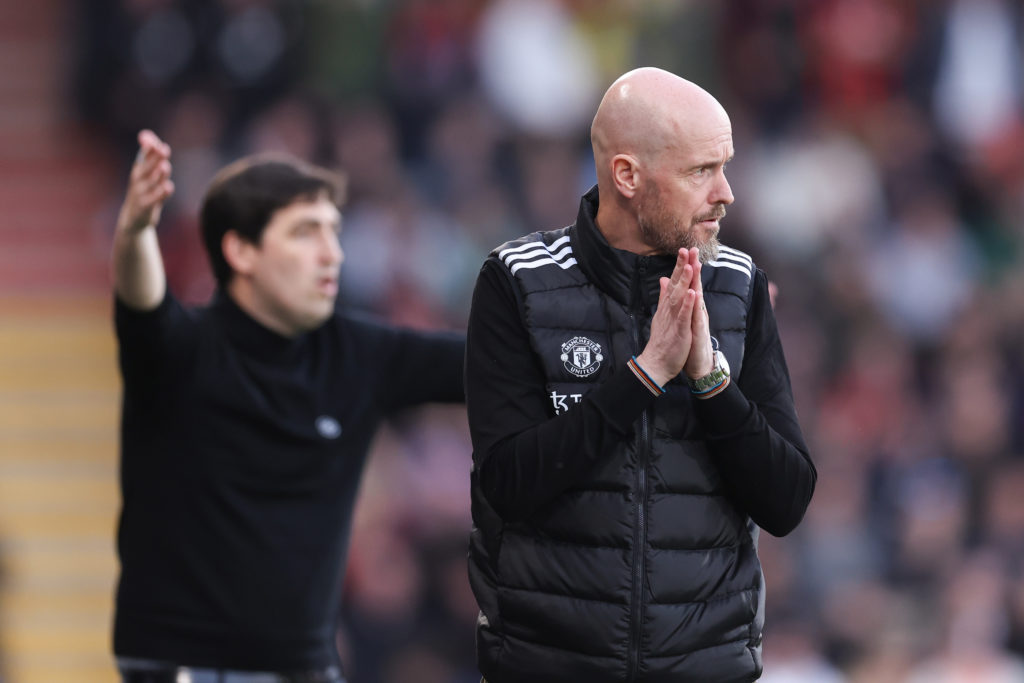 Andoni Iraola the head coach / manager of Bournemouth and Erik ten Hag the head coach / manager of Manchester United during the Premier League matc...