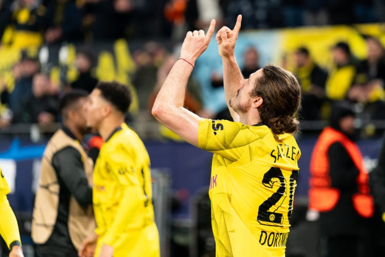 Marcel Sabitzer of Borussia Dortmund celebrates after scoring the team's fourth goal during the Quarter-final Second Leg - UEFA Champions League 20...