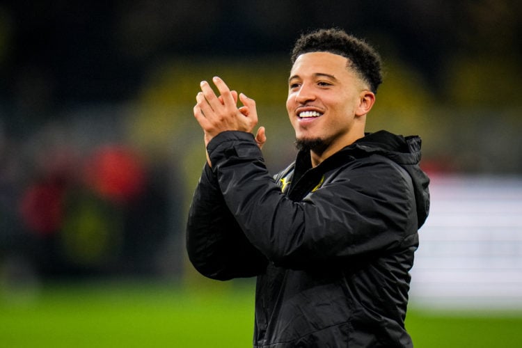 Jadon Sancho of Borussia Dortmund celebrates his team's win after the UEFA Champions League quarter-final second leg match between Borussia Dortmun...