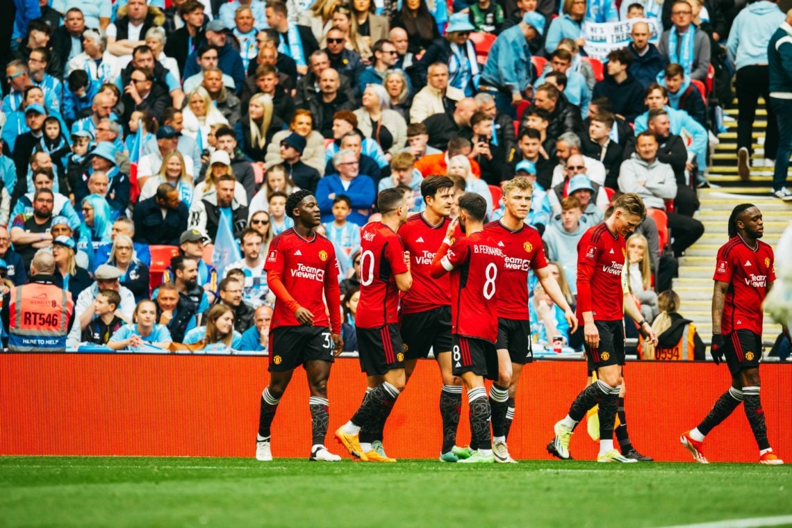 Harry Maguire of Manchester United celebrates scoring a goal to make the score 0-2 with his team-mates during the Emirates FA Cup Semi Final match ...