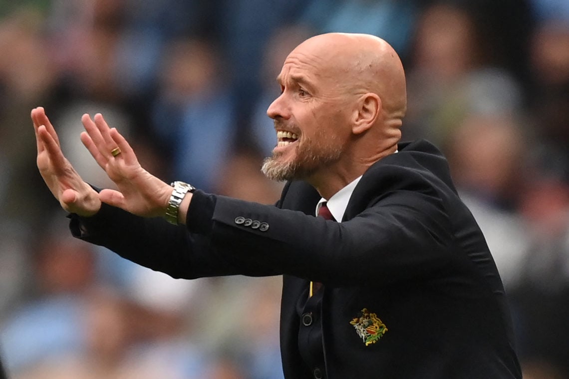 Manchester United's Dutch manager Erik ten Hag gestures on the touchline during the English FA Cup semi-final football match between Coventry City ...