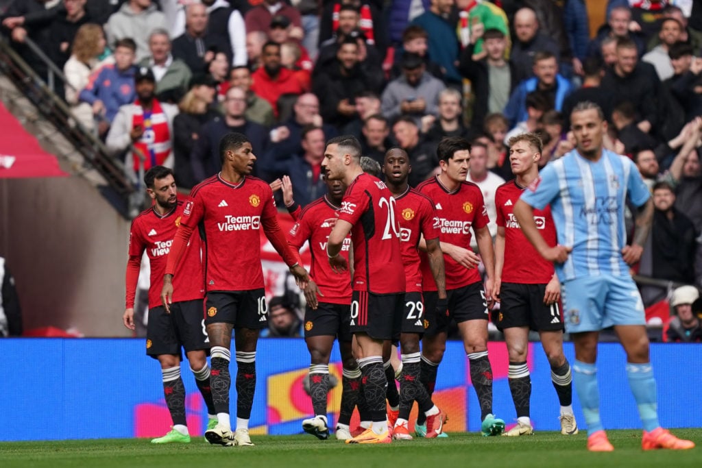 Bruno Fernandes of Manchester United celebrates his goal making it 0-3 during the Emirates FA Cup Semi Final match between Coventry City and Manche...