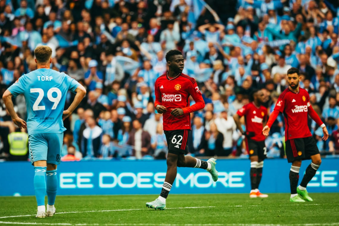 Omari Forson of Manchester United runs on as a substitute during the Emirates FA Cup Semi Final match between Coventry City and Manchester United a...