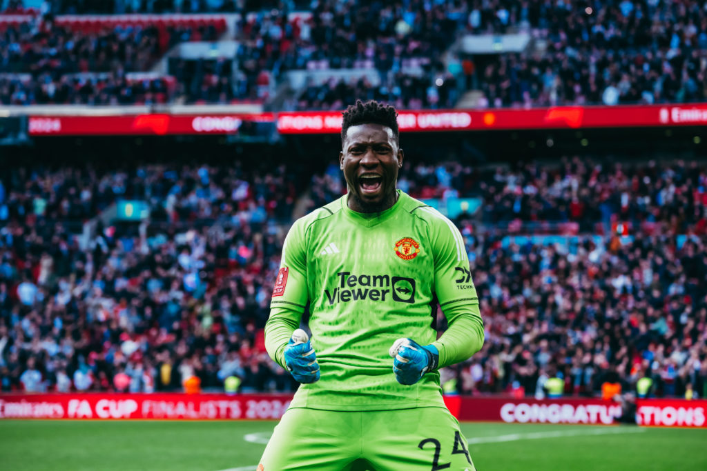 Andre Onana of Manchester United celebrates victory in a penalty shootout during the Emirates FA Cup Semi Final match between Coventry City and Man...