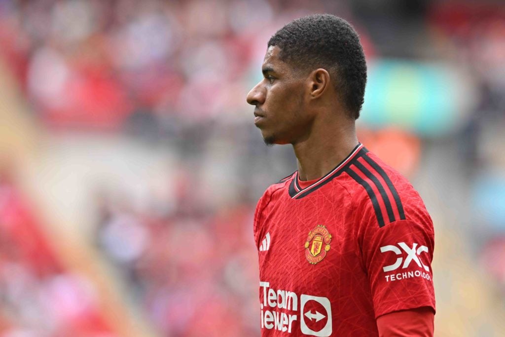 Marcus Rashford of Manchester United is playing in the FA Cup Semi-Final match between Coventry City and Manchester City at Wembley Stadium in Lond...