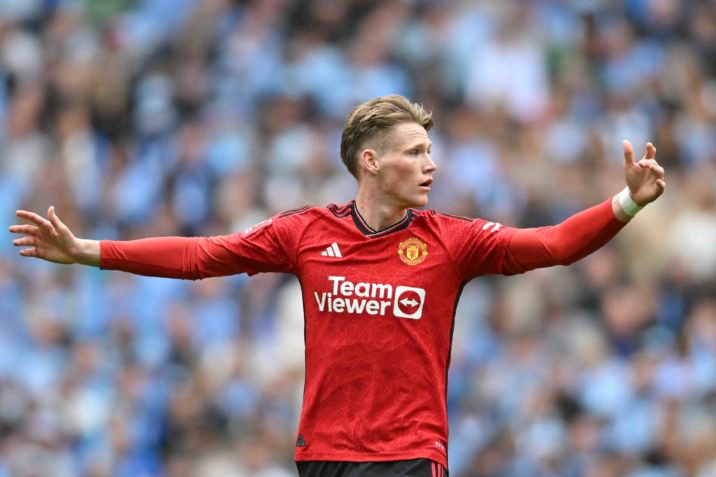 Scott McTominay (39, Manchester United) is gesturing during the FA Cup Semi-Final match between Coventry City and Manchester City at Wembley Stadiu...