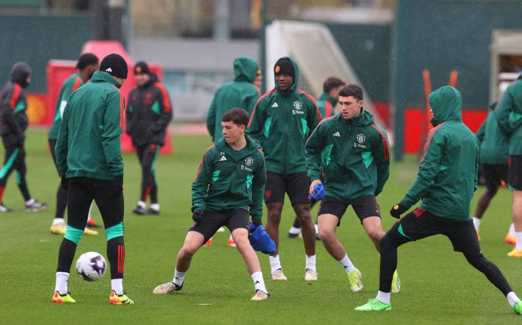 James Scanlon, Shea Lacey and Casemiro of Manchester United in action during a first team training session at Carrington Training Ground on April 1...