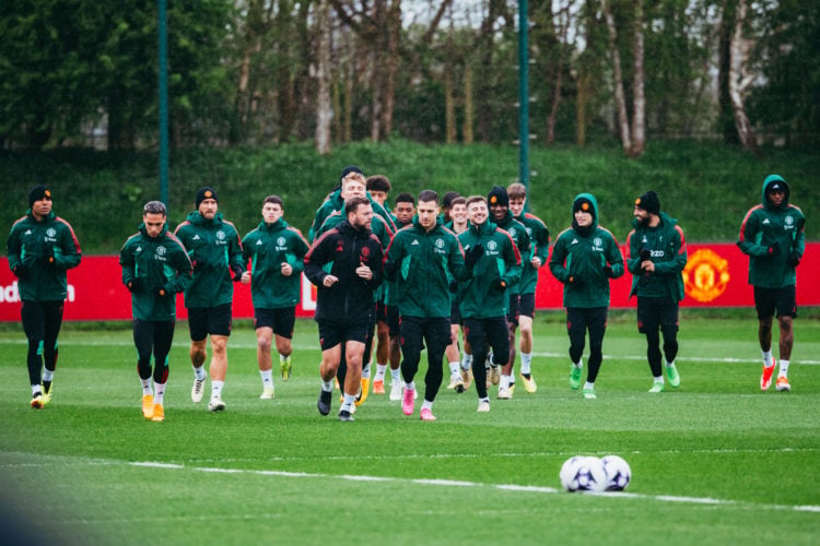 Manchester United players in action during a first team training session at Carrington Training Ground on April 10, 2024 in Manchester, England.