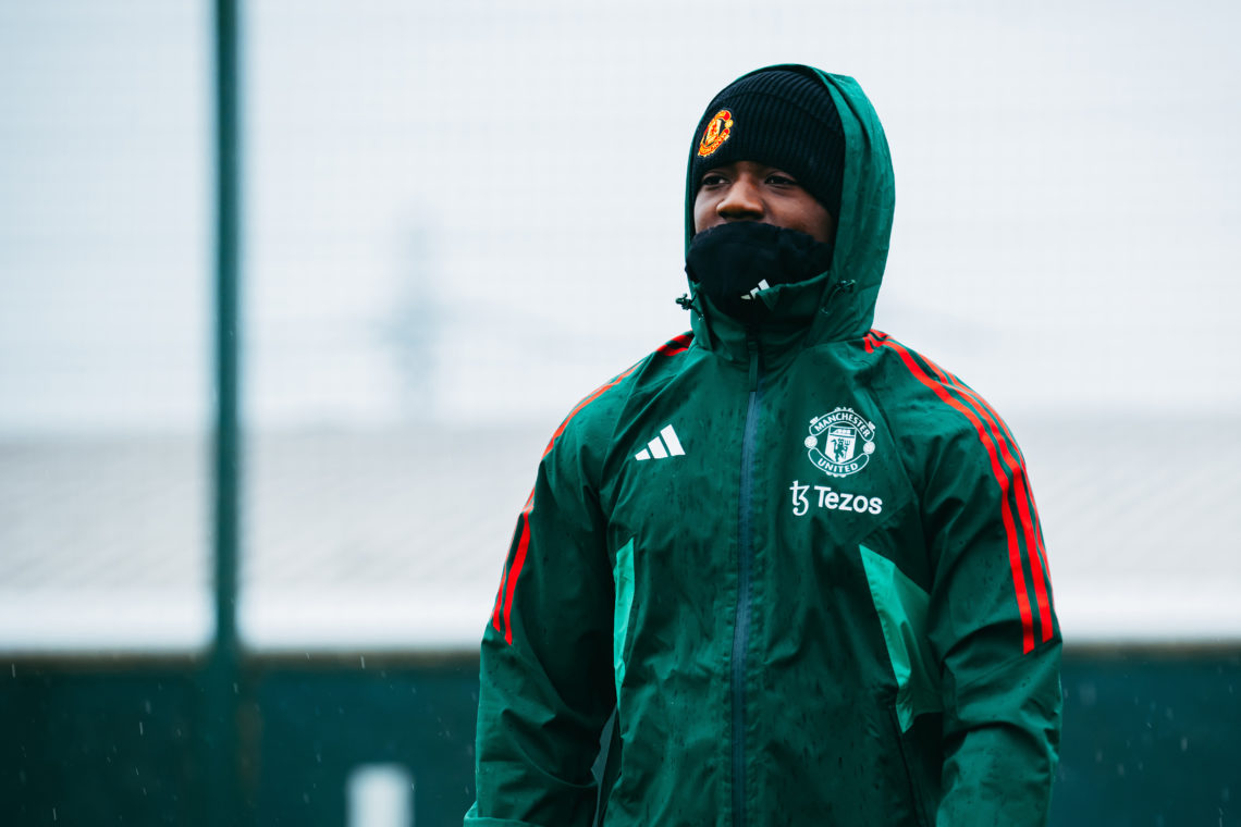 Kobbie Mainoo of Manchester United in action during a first team training session at Carrington Training Ground on April 10, 2024 in Manchester, En...