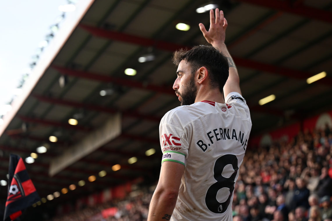 Bruno Fernandes of Manchester United prepares to take a corner during the Premier League match between AFC Bournemouth and Manchester United at Vit...