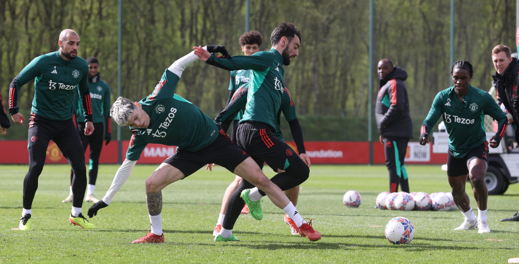 (EXCLUSIVE COVERAGE)  Alejandro Garnacho, Bruno Fernandes of Manchester United in action during a first team training session at Carrington Trainin...