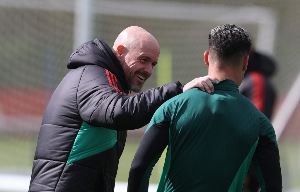 Manager Erik ten Hag, Antony of Manchester United in action during a first team training session