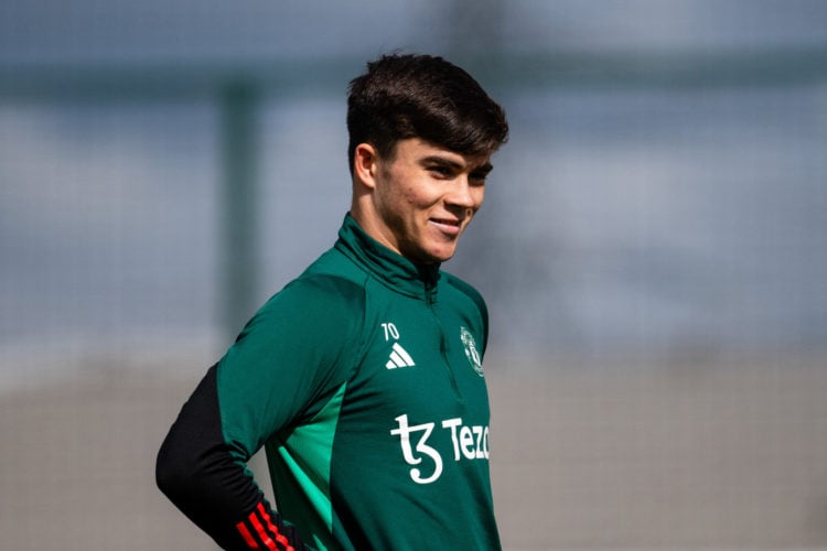 Harry Amass of Manchester United in action during a first team training session at Carrington Training Ground on April 16, 2024 in Manchester, Engl...