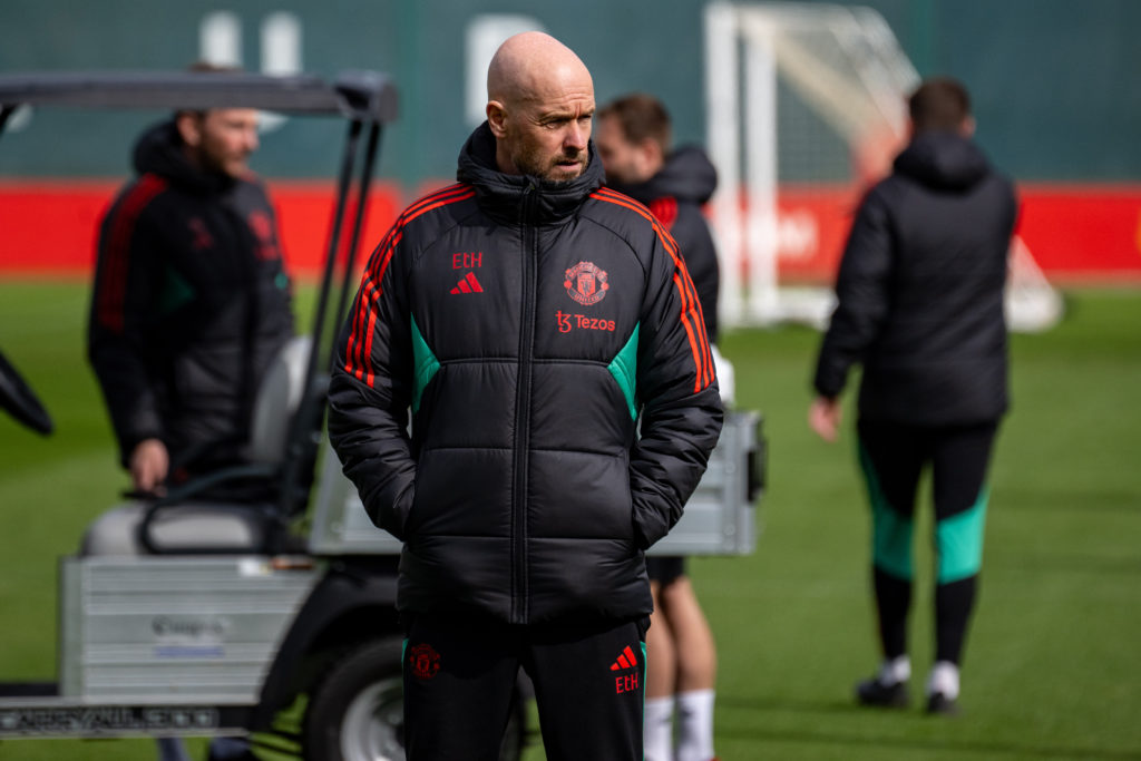 Manager Erik ten Hag of Manchester United in action during a first team training session at Carrington Training Ground on April 16, 2024 in Manches...