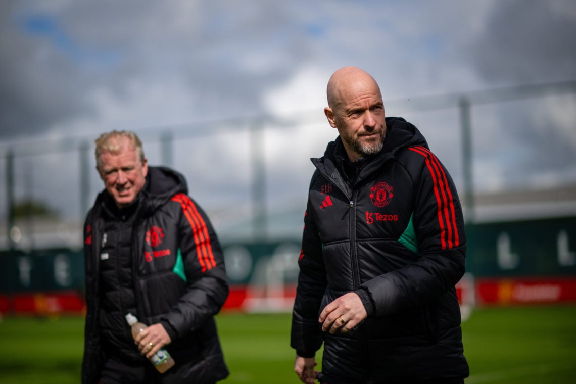 Coach Steve McClaren and Manager Erik ten Hag of Manchester United in action during a first team training session at Carrington Training Ground on ...