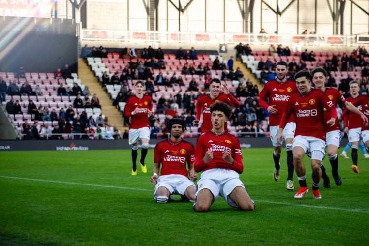 Ethan Wheatley of Manchester United celebrates scoring a goal to make the score 1-0 during the U18 Premier League Cup Final match between Mancheste...