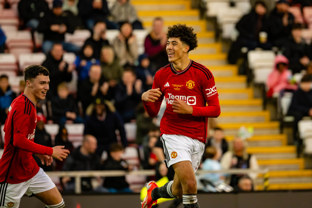 Ethan Wheatley of Manchester United celebrates scoring a goal to make the score 2-0 during the U18 Premier League Cup Final match between Mancheste...
