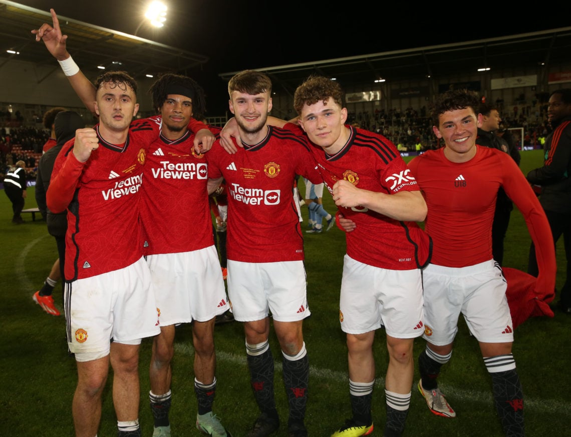 James Nolan, Ethan Williams, Jack Kingdon, Jacob Devaney & Shea Lacey of Manchester United celebrate victory at the end of the U18 Premier Leag...