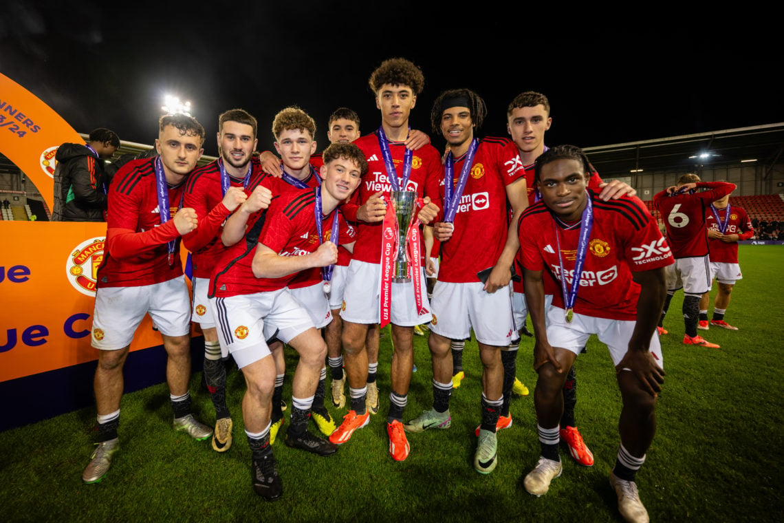 Manchester United U18s celebrate following their victory during the U18 Premier League Cup Final match between Manchester United U18 and Manchester...