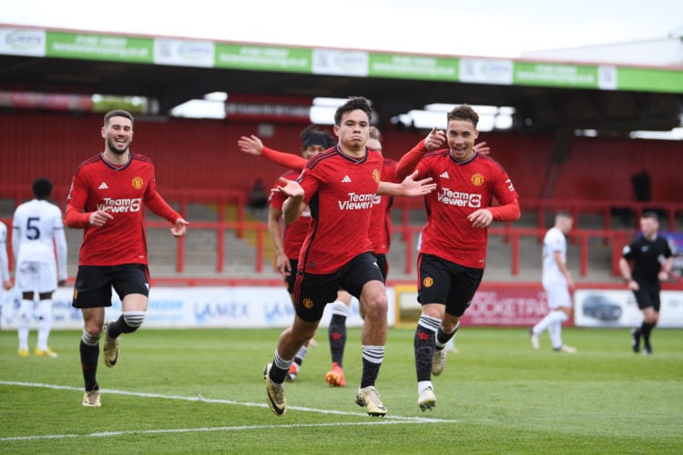 Gabriele Biancheri of Manchester United celebrates scoring his team's second goal during the Premier League 2 match between Tottenham Hotspur U21 a...